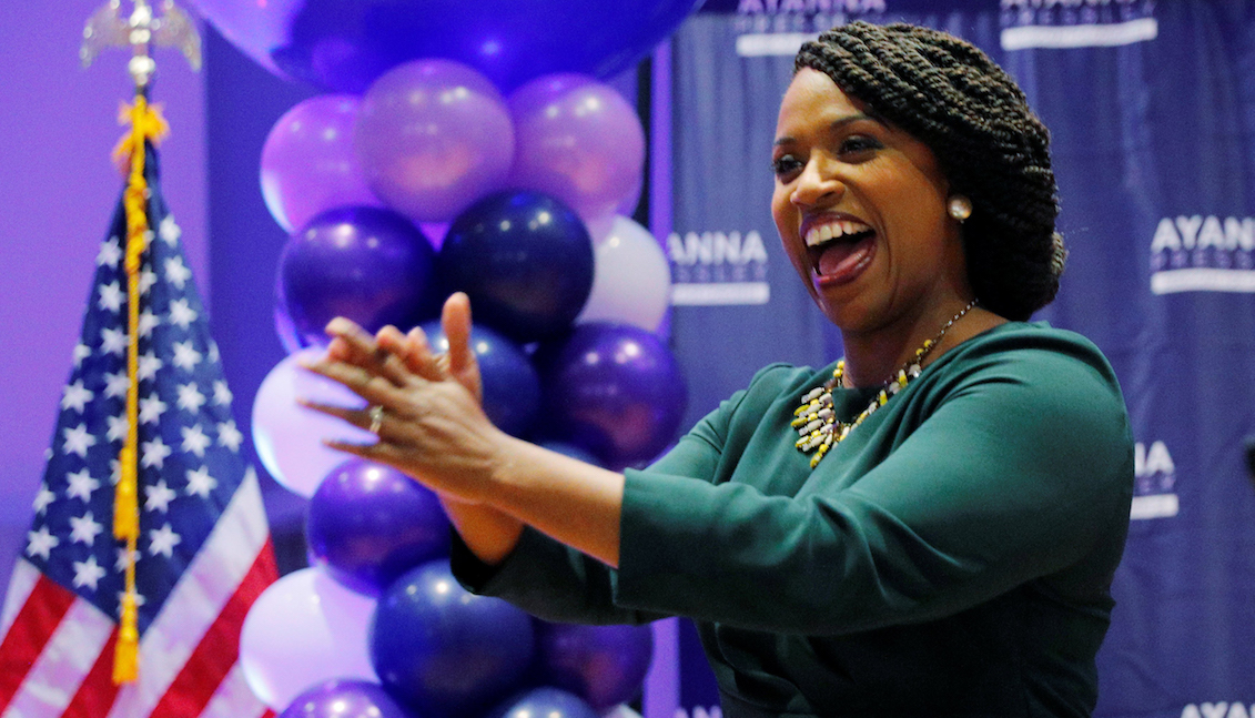 Ayanna Pressley delivers her victory speech Tuesday night in Dorchester, Massachusetts. Joseph Prezioso/AFP - Getty Images