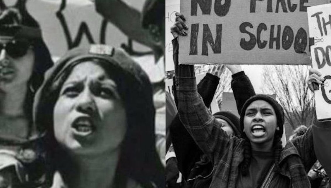 Una manifestante de las boinas café (I) a finales de los años 60; una joven manifiesta a favor de leyes más duras en el porte de armas (2018)