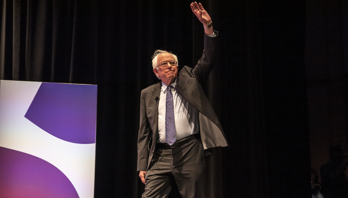 HOUSTON, TX - APRIL 24: Democratic presidential candidate Sen. Bernie Sanders (I-VT) waves to the crowd at the She The People Presidential Forum at Texas Southern University on April 24, 2019 in Houston, Texas. (Photo by Sergio Flores/Getty Images)