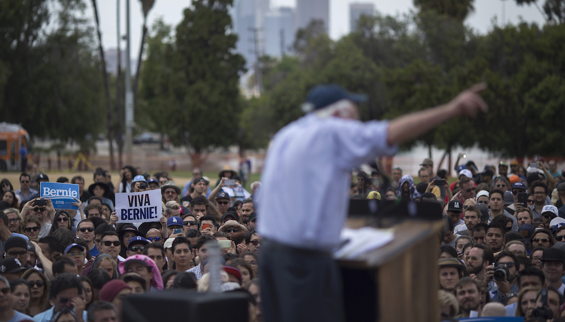 EAST LOS ANGELES, CA - MAY 23: Democratic presidential candidate Sen. Bernie Sanders addresses a heavily-Latino crowd during a campaign rally at Lincoln Park on May 23, 2016 in East Los Angeles, California. (Photo by David McNew/Getty Images)