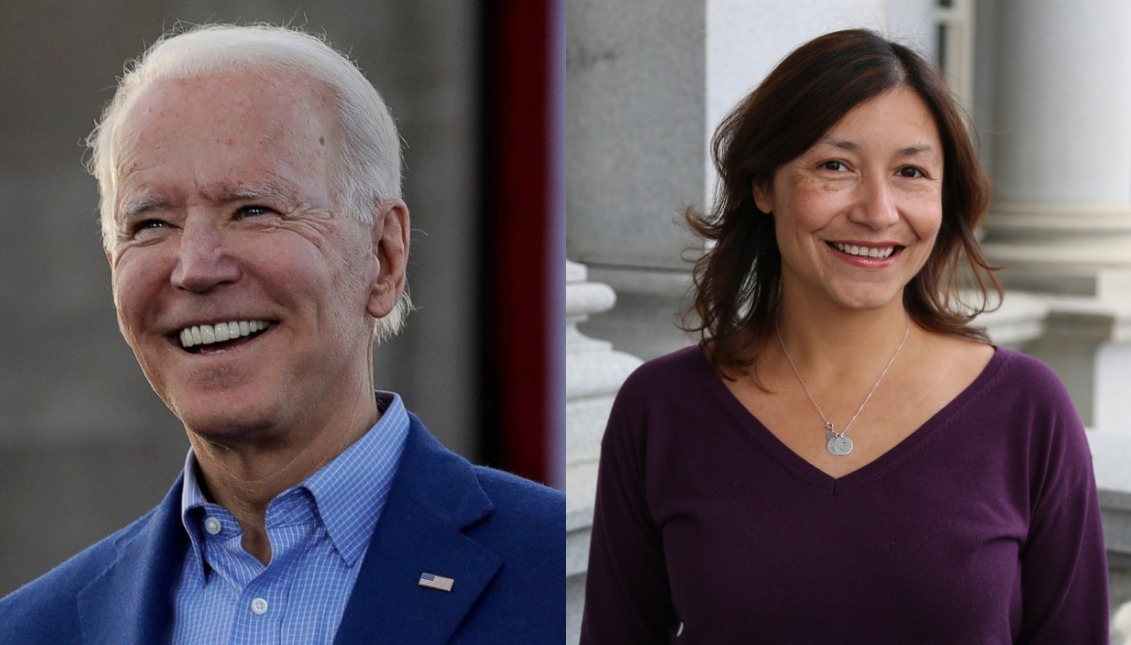 El candidato presidencial y ex vicepresidente Joe Biden (Izq) y la nieta de César Chávez, Julie Chávez Rodríguez (der.)
