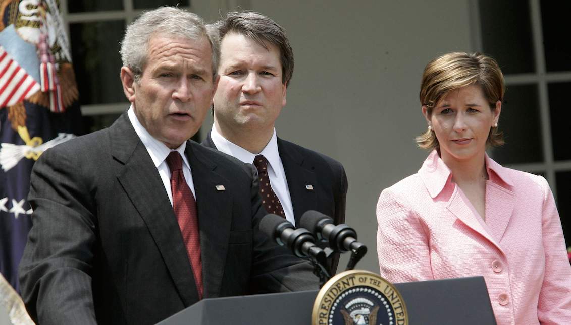 Then President George W. Bush speaks during the swearing-in ceremony of Brett Kavanaugh (C) to be a judge in 2006. Source: Getty.