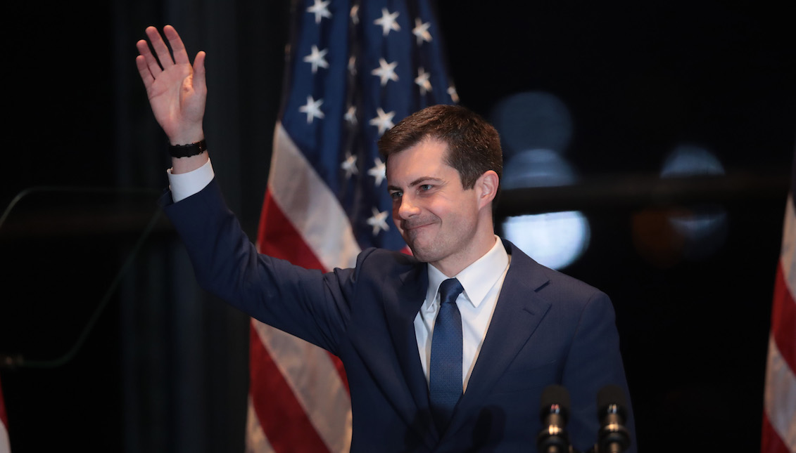 SOUTH BEND, INDIANA - MARCH 01: Former South Bend, Indiana Mayor Pete Buttigieg announces he is ending his campaign to be the Democratic nominee for president during a speech at the Century Center on March 01, 2020 in South Bend, Indiana. (Photo by Scott Olson/Getty Images)