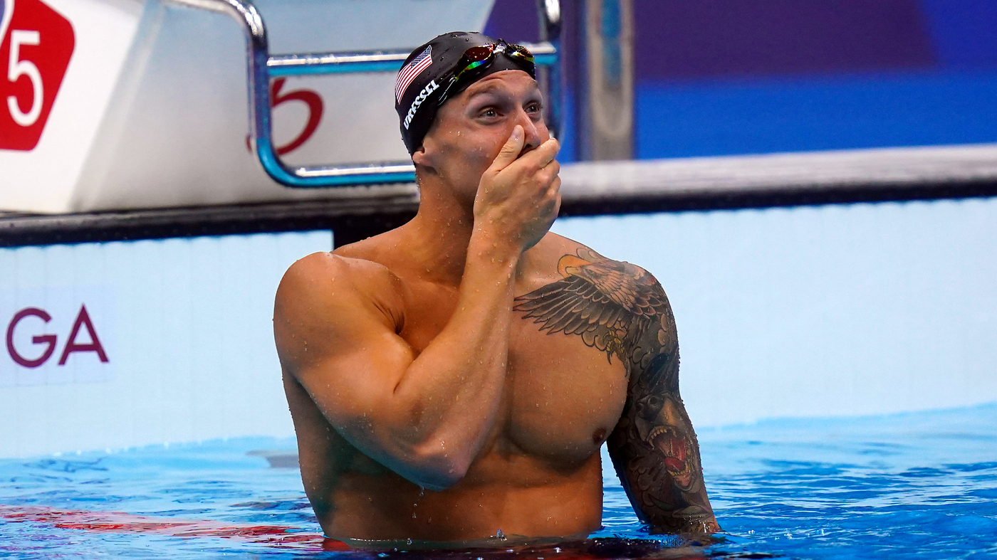 Caeleb Dressel after winning his first-ever gold medal in an individual Olympic event in the 100m men's freestyle. Photo: Adam Davy/PA Images via Getty Images.
