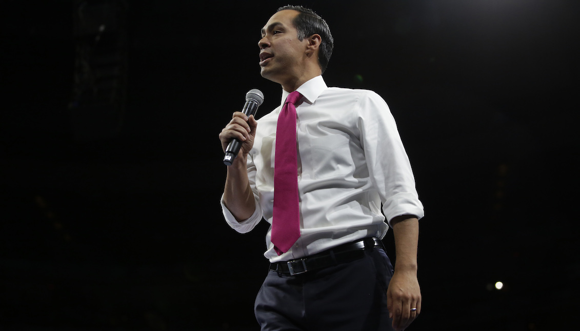 DES MOINES, IA - NOVEMBER 01: Former Secretary of Housing and Presidential candidate Julian Castro speaks during the Iowa Democratic Party Liberty & Justice Celebration on November 1, 2019, in Des Moines, Iowa. (Photo by Joshua Lott/Getty Images)