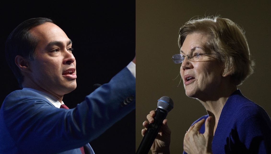 Former Housing Secretary Julian Castro (left) endorsed Senator Elizabeth Warren (right) in her race for the presidency. Source: Getty.