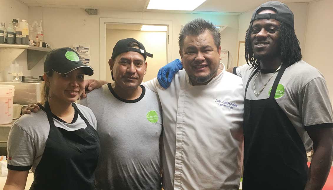 The diverse kitchen staff of Chalaco’s (from left to right): María Fajardo from Venezuela, Saúl Rojas from Mexico, Yuki Nakandakari from Perú and Phil Keese from Philly.
