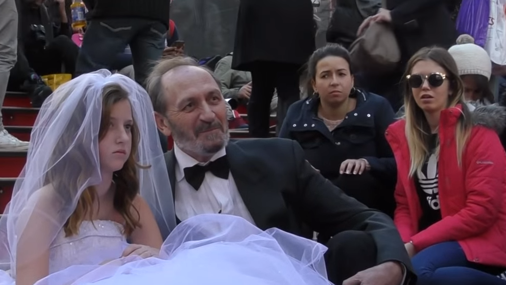 Still from a child marriage social-experiment conducted in Times Square by YouTube vlogger Coby Persin. 