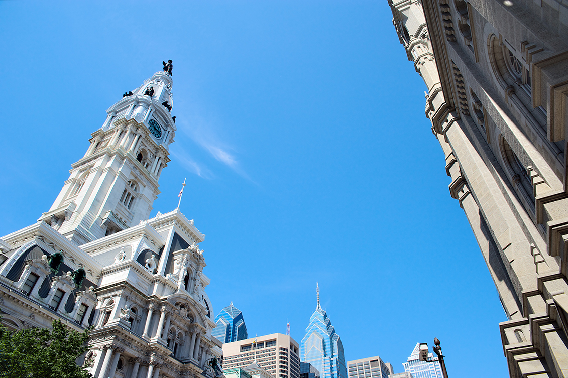 Philadelphia City Hall tower points towards blue sky. Photo: Getty Images