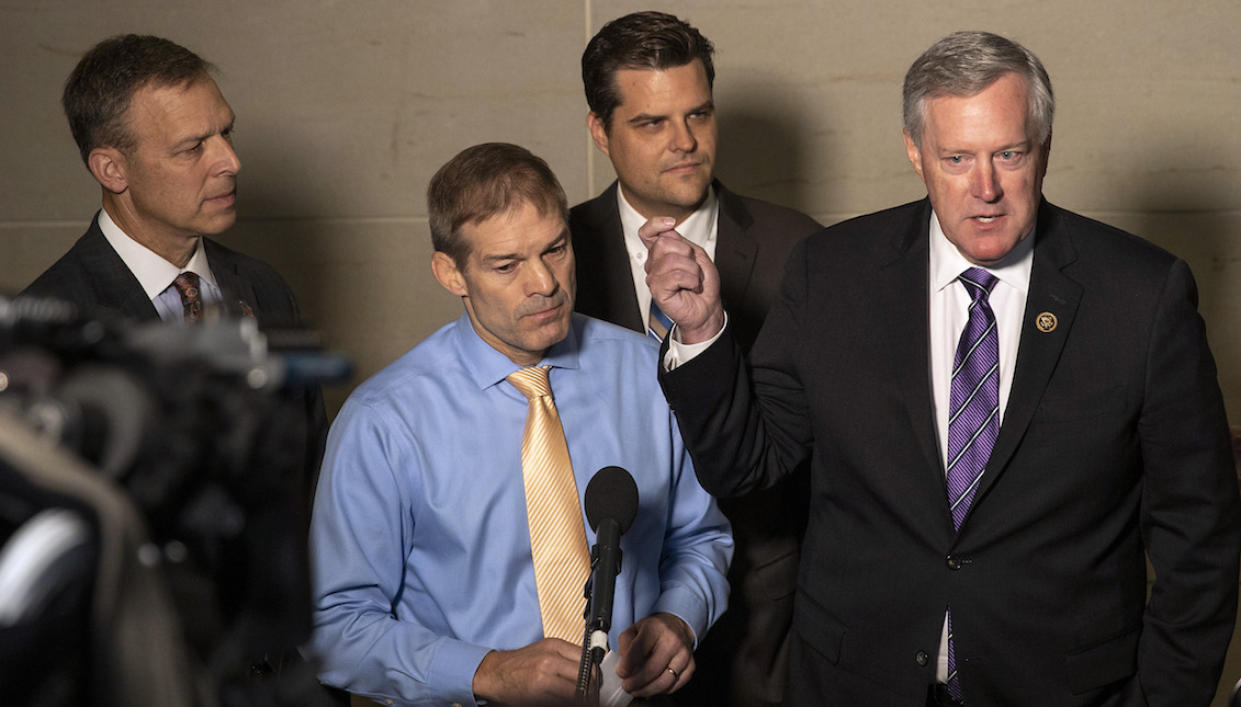 WASHINGTON, DC - OCTOBER 08: (L-R) U.S. Rep. Scott Perry (R-PA), Rep. Jim Jordan (R-OH), Rep. Matt Gaetz (R-FL) and Rep. Mark Meadows (R-NC) speak at a press conference at the U.S. Capitol on October 08, 2019 in Washington, DC. (Photo: Tasos Katopodis/Getty Images)