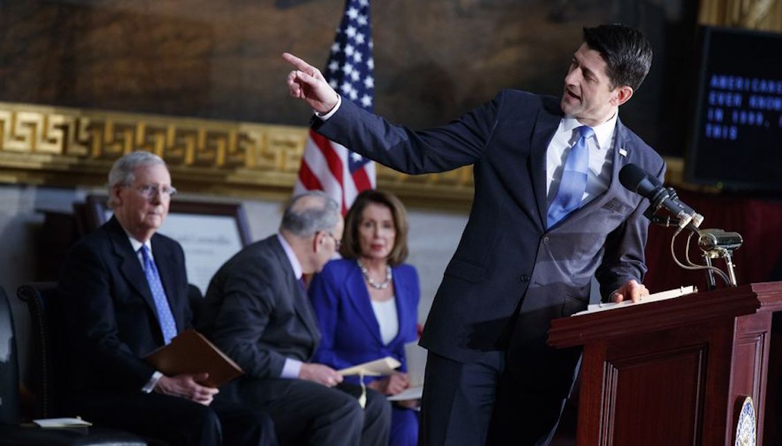 Speaker of the House, Rep. Paul Ryan, Republican of Wisconsin, speaks during a ceremony on Wednesday, January 17, 2018 in Washington. From the left, Senate Majority Leader Mitch McConnell, R-Ky., Senate minority leader Chuck Schumer, Democrat for New York, the representative of House minority leader Nancy Pelosi, California Democrat and Ryan. (AP Photo / Evan Vucci)