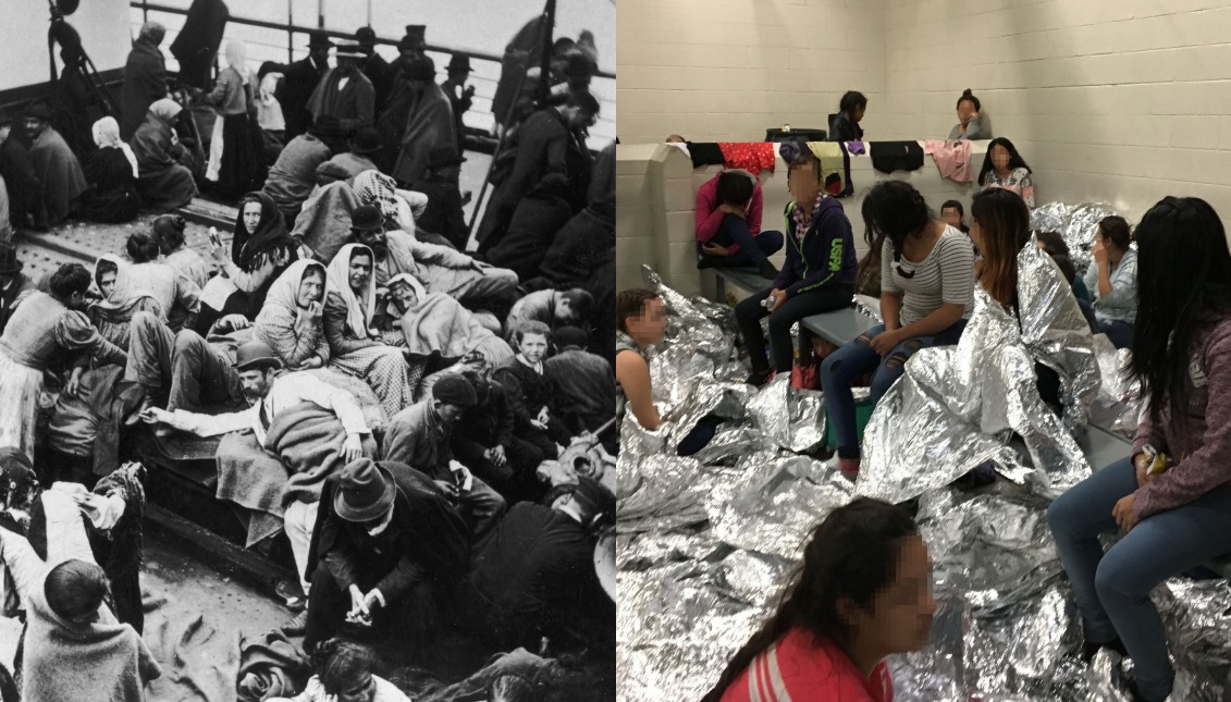 (Left) An overview of immigrants on Ellis Island, New York around 1880. (Photo by Fotosearch/Getty Images). (Right) MCALLEN, TX - JUNE 11: the centralized processing center of McAllen Station of the US Border Patrol, on June 11, 2019, in McAllen, Texas. (Photo by the Office of the Inspector General/Department of Homeland Security through Getty Images)