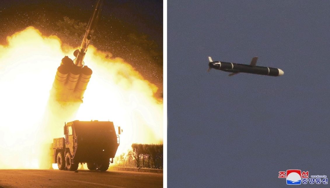 Captura de televisión donde se muestra el lanzamiento de misiles desde Corea del Norte. Foto: KCNA 