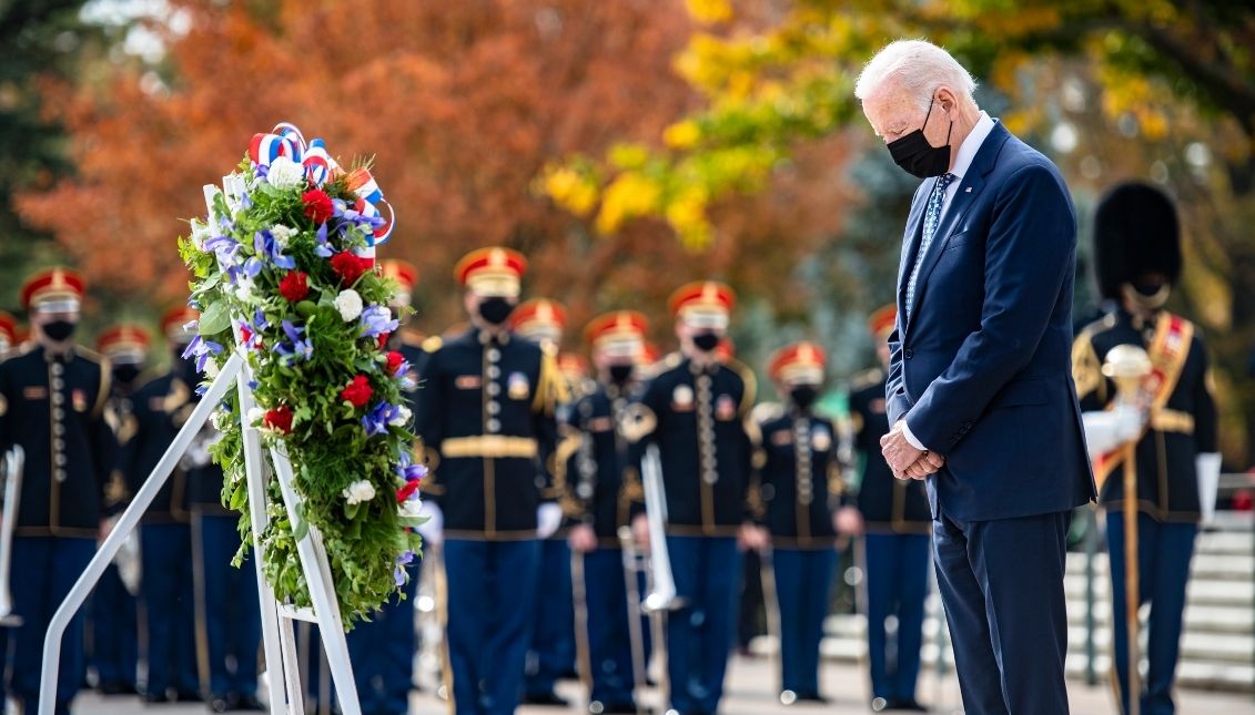 President Joe Biden participates in a wreath-laying ceremony as part of the 68th National Veterans Day Observance at Arlington National Cemetery in Arlington, Va. Photo: Department of Defense/Elizabeth Fraser