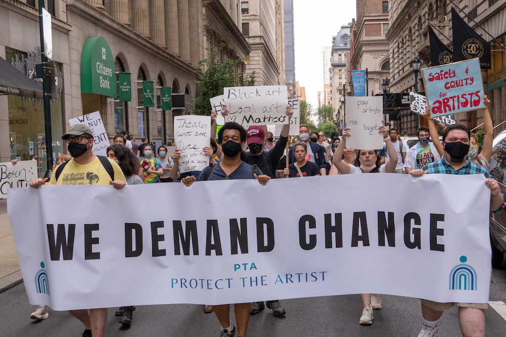 Philly theatre artists and activists protest the Walnut Street Theatre and demand change in leadership on Friday, June 18. Photo courtesy: Jenna Pinchbeck, Protect the Artist. 