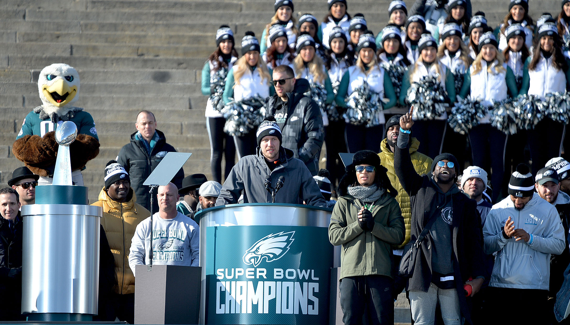 Nick Foles speaks during the Philadelphia Eagles Super Bowl celebration. (Peter Fitzpatrick) 