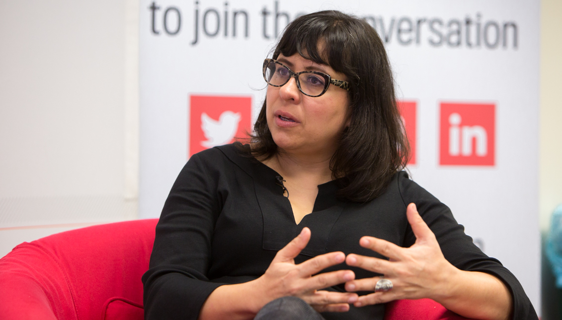 Eileen Truax, Mexican-American journalist who has been writing about DACA and DREAMers extensively since she moved to Los Angeles from Mexico City in 2004, visited the AL DÍA newsroom on Feb. 21 to talk about her work. Samantha Laub / AL DÍA News