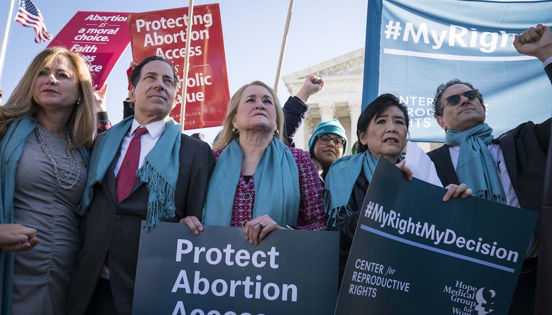 WASHINGTON, DC - MARCH 04: Rep. Debbie Mucarsel-Powell (D-FL), Rep. Jamie Raskin (D-MD), Rep. Sylvia Garcia (D-TX), Rep. Judy Chu (D-CA), Rep. Andy Levin (D-MI), and Rep. Lori Trahan (D-MA) participate in an abortion rights rally outside of the Supreme Court as the justices hear oral arguments in the June Medical Services v. Russo case on March 4, 2020 in Washington, DC. (Photo by Sarah Silbiger/Getty Images)