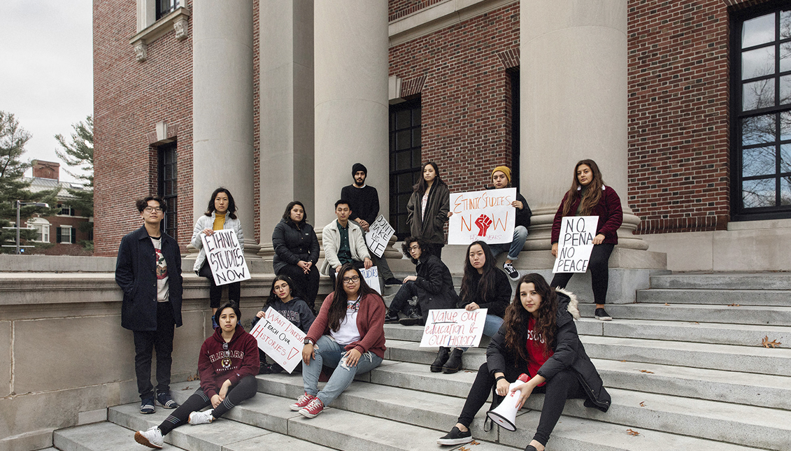 A group of students calling themselves the Harvard Ethnic Studies Coalition at the university’s Widener Library. Via The New York Times