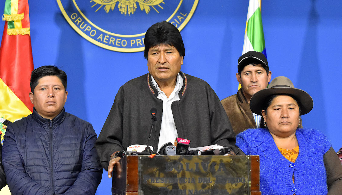 LA PAZ, BOLIVIA - NOVEMBER 10: President of Bolivia Evo Morales Ayma talks during a morning press conference when he announced he was going to call for fresh elections after OAS questioned the results of elections held on October 20th on November 10, 2019 in La Paz, Bolivia. Later today, Morales announced his resignation in Chimore, Cochabamba. (Photo by Alexis Demarco/APG/Getty Images)