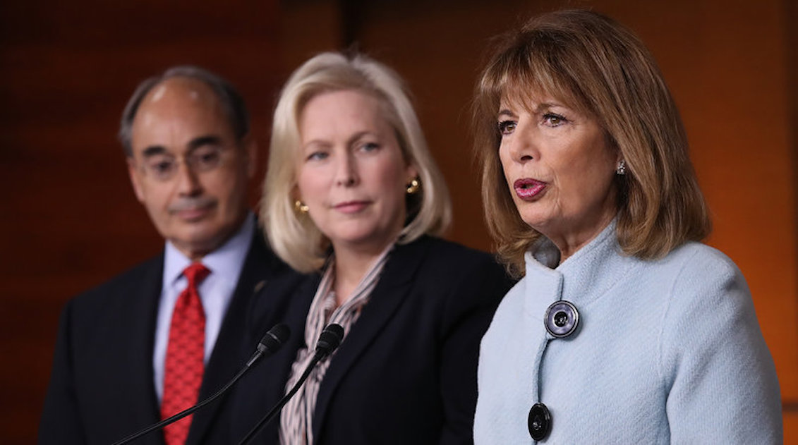 Rep. Jackie Speier, D-Calif. (right), Sen. Kirsten Gillibrand, Democrat of New York, and Rep. Bruce Poliquin, Republican of Maine, spoke at a press conference on sexual harassment in Congress last November in Washington, DC. Win McNamee / Getty Images