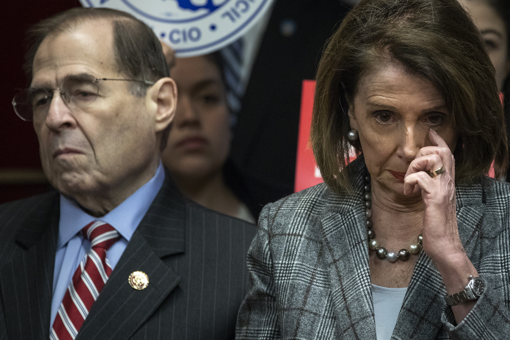 House Judiciary Committee Chairman Rep. Jerrold Nadler (D-NY) and Speaker of the House Nancy Pelosi (D-CA) look on during a press conference to discuss the American Dream and Promise Act at the Tenement Museum, March 20, 2019. Photo: Drew Angerer/ Getty Images.