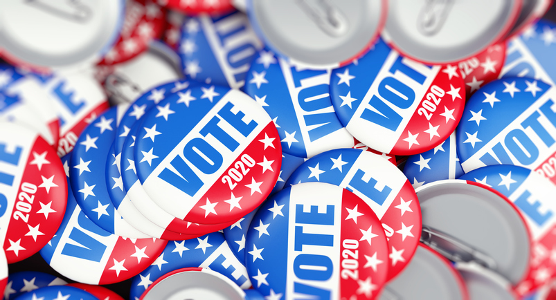 Vote election badge button for 2020 background. Photo: Getty Images