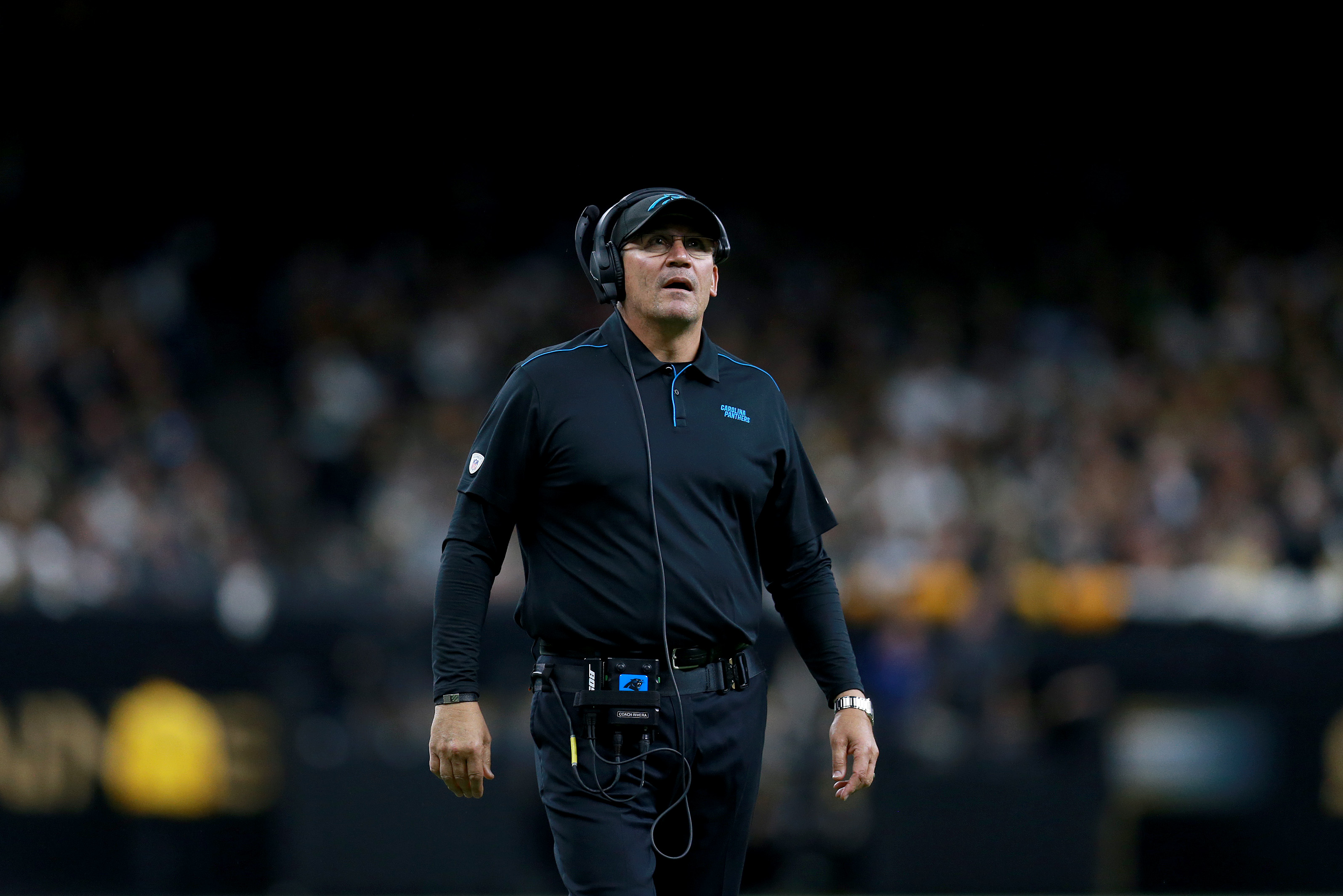 Head coach Ron Rivera of the Carolina Panthers reacts against the New Orleans Saints during the third quarter in the game at Mercedes Benz Superdome on November 24, 2019 in New Orleans, Louisiana. (Photo by Sean Gardner/Getty Images)