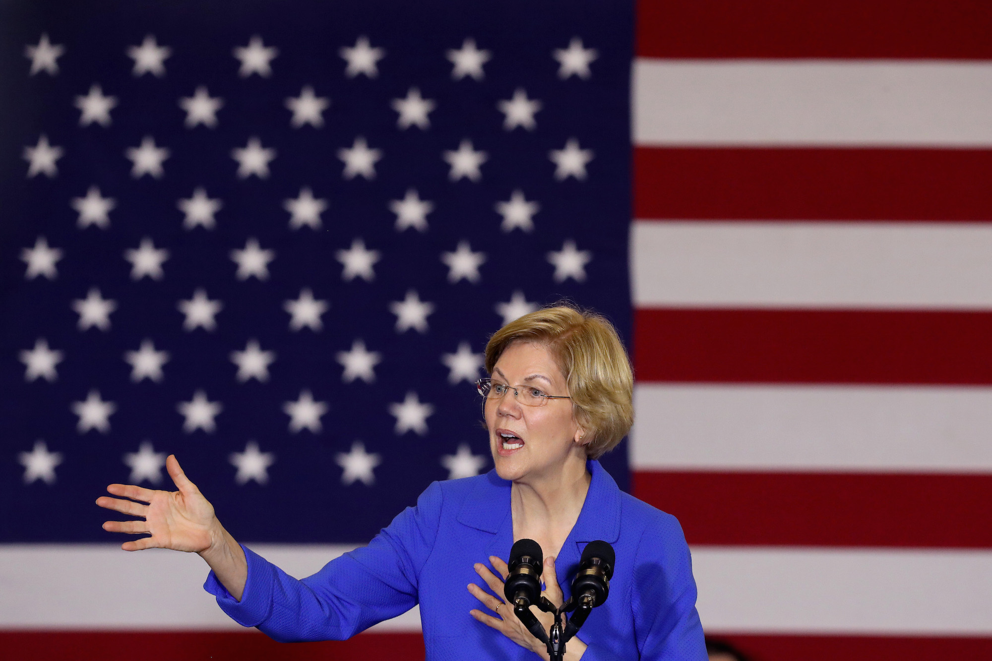 Democratic presidential candidate Sen. Elizabeth Warren (D-MA) addresses her supporters during a caucus night rally at the Forte Banquet and Conference Center February 03, 2020 in Des Moines, Iowa. Photo: Chip Somedevilla/Getty Images.