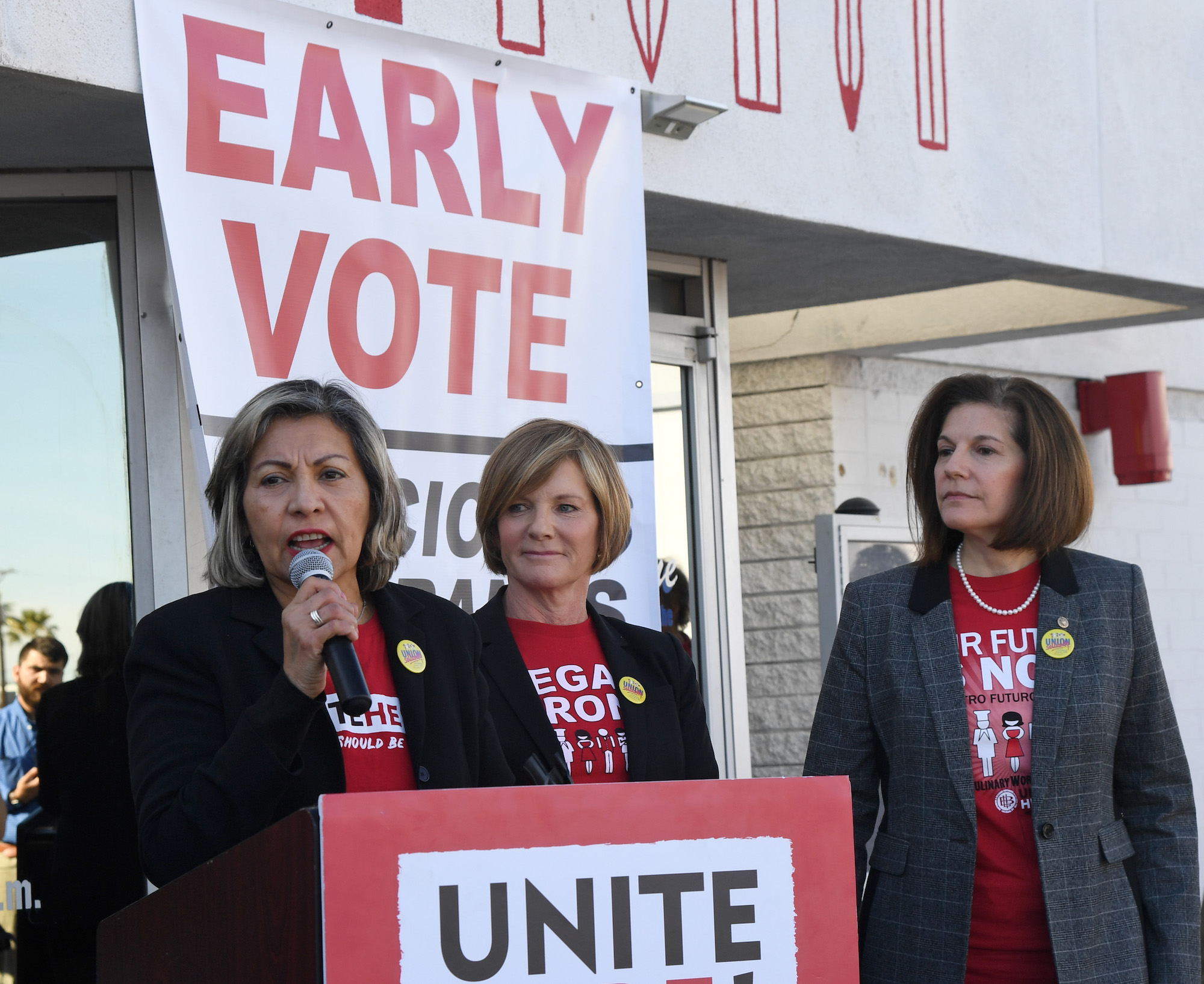 Culinary Workers Union Local 226 Secretary-Treasurer Geoconda Arguello-Kline, U.S. Sen. Catherine Cortez Masto (D-NV) and U.S. Rep. Susie Lee (D-NV) speak at an early vote launch on the first day of early voting for the upcoming Nevada Democratic presidential caucus at the Culinary Workers Union Hall Local 226 on February 15, 2020 in Las Vegas, Nevada. Photo: Ethan Miller/Getty Images.