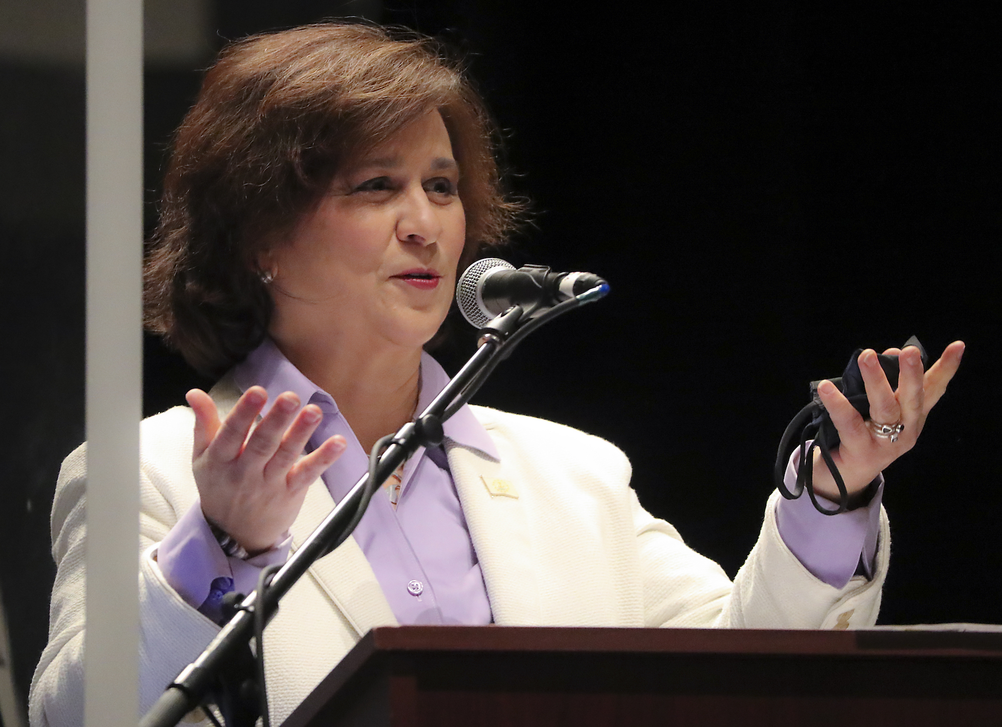 Secretary of State Nellie M. Gorbea before giving the oath of office to the State Representatives at Veterans Memorial Auditorium in Providence, RI on Jan. 5, 2021. Photo: Matthew J. Lee/The Boston Globe via Getty Images