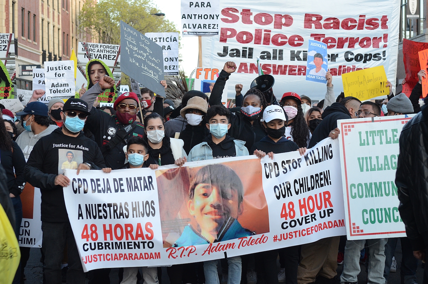 CHICAGO, USA - APRIL 16: Hundreds of protesters take streets for 13 years old Adam Toledo who was shot and killed by police in Chicago, United States on April 16, 2021 (Photo by Jacek Boczarski/Anadolu Agency via Getty Images)