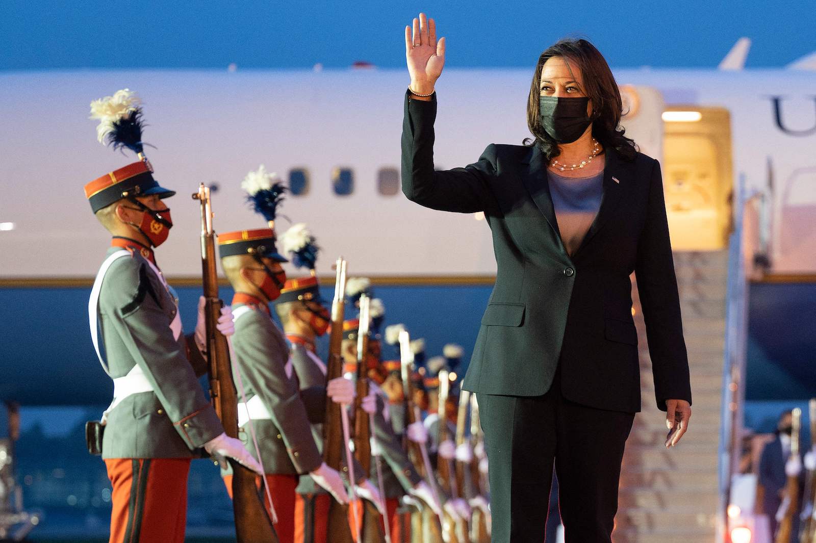 US Vice President Kamala Harris waves upon arrival at the Aeropuerto Internacional La Aurora in Guatemala City on June 6, 2021. - US Vice President Kamala Harris will visit Guatemala and Mexico this week, bringing a message of hope to a region hammered by Covid-19 and which is the source of most of the undocumented migrants seeking entry to the US. Photo: Jim Watson/AFP via Getty Images
