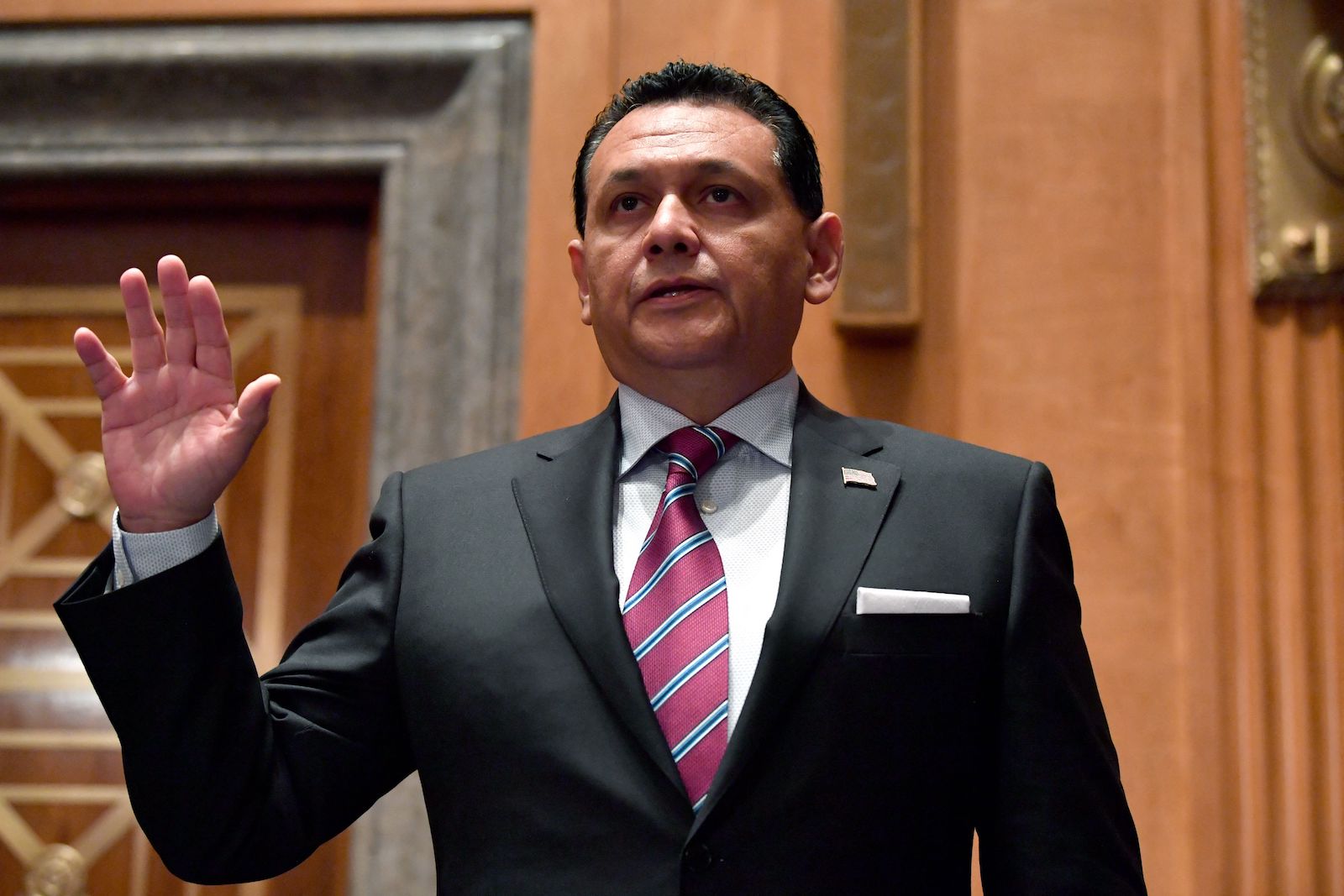 Ed Gonzalez is sworn in before his testimony at a Senate Homeland Security Committee hearing on his nomination to be Assistant Secretary of Homeland Security for Immigration and Customs Enforcement, in Washington, DC, on July 15, 2021. (Photo by Nicholas Kamm / AFP) (Photo by NICHOLAS KAMM/AFP via Getty Images) 
