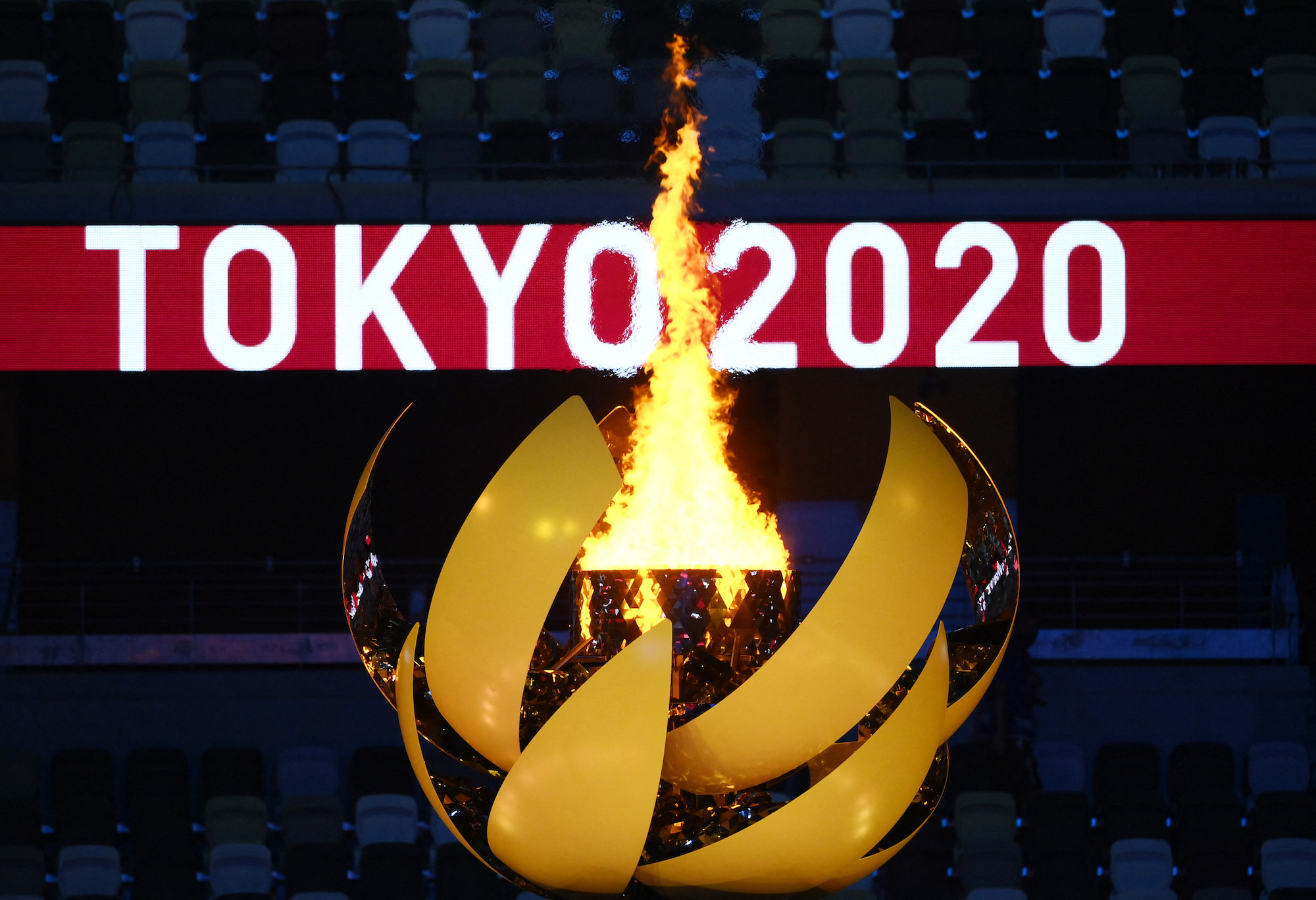 The Olympic Flame burns after the lighting of the Olympic Cauldron during the opening ceremony of the Tokyo 2020 Olympic Games, at the Olympic Stadium, in Tokyo, on July 23, 2021. Photo: Franck Fife/AFP via Getty Images.