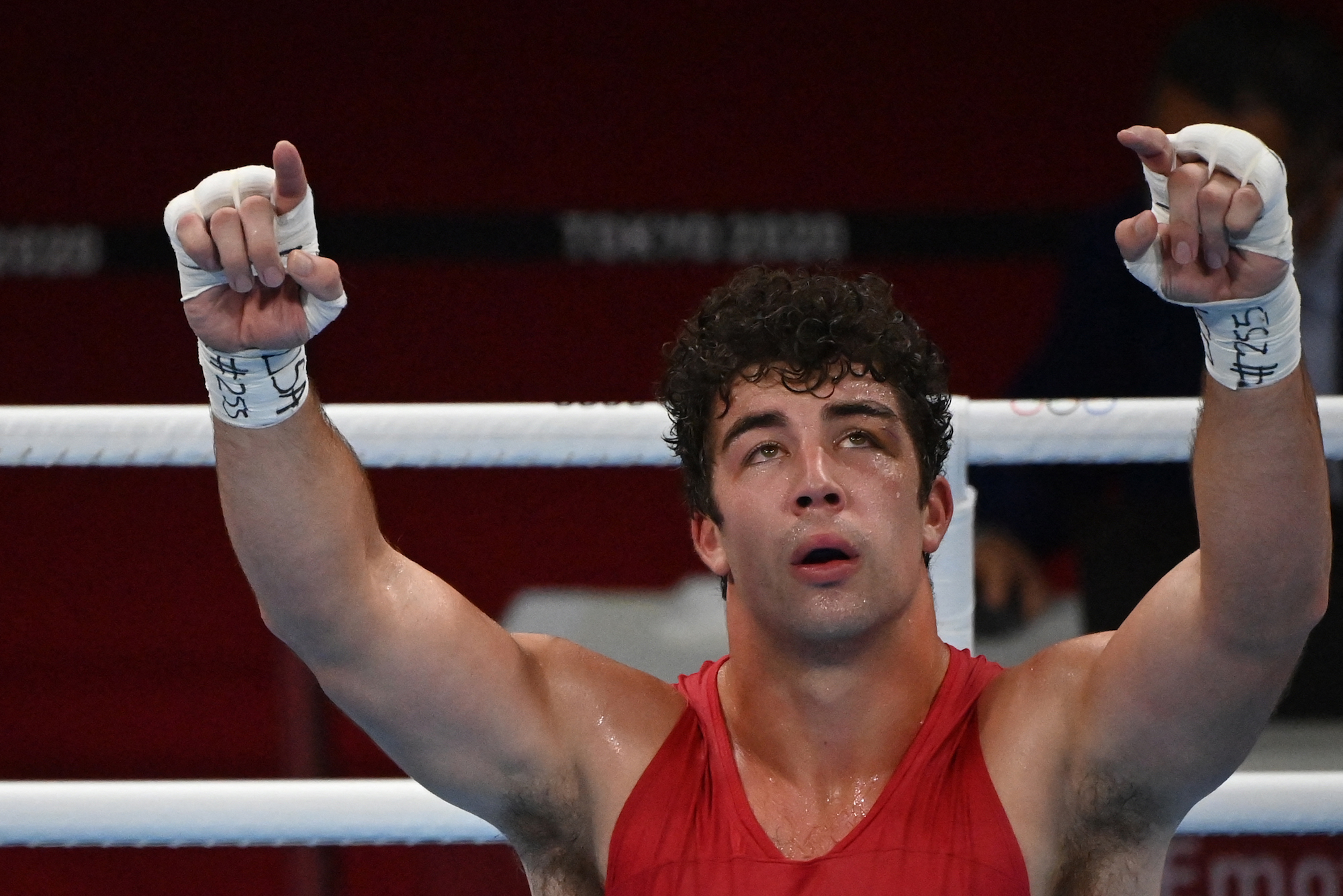 USA's Richard Torrez Jr celebrates after winning against Kazakhstan's Kamshybek Kunkabayev after their men's super heavy (over 91kg) semi-final boxing match during the Tokyo 2020 Olympic Games at the Kokugikan Arena in Tokyo on August 4, 2021. Photo: Luis Robayo/AFP via Getty Images.