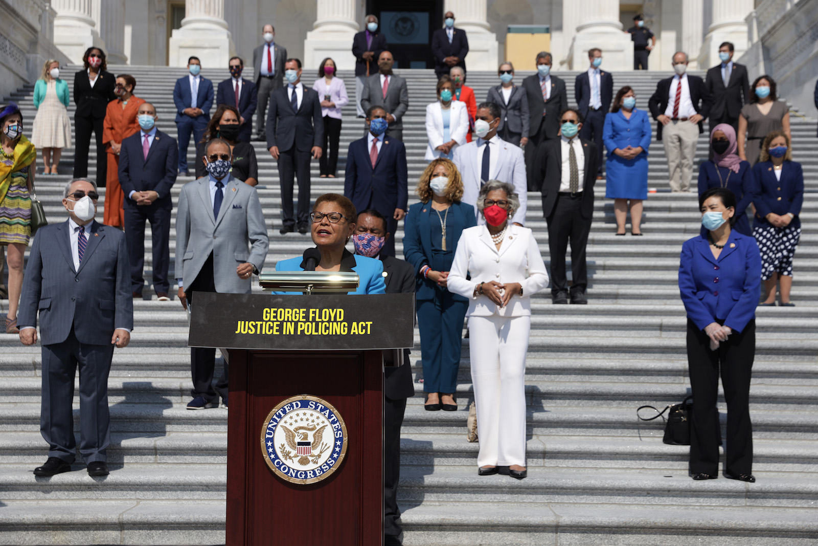 Rep. Karen Bass, D-Calif., lead author of the George Floyd Justice in Policing Act, speaks during an event on police reform last year at the U.S. Capitol. (Alex Wong/Getty Images)
