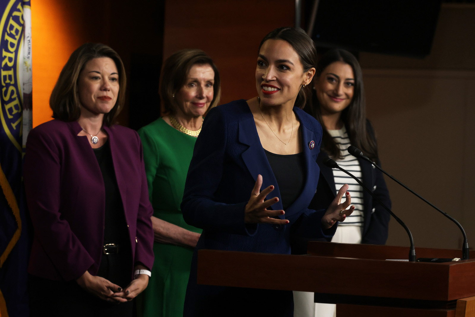 U.S. Rep. Alexandria Ocasio-Cortez (D-NY) (3rd L) speaks as (L-R) Rep. Angie Craig (D-MN), Speaker of the House Rep. Nancy Pelosi (D-CA) and Rep. Sara Jacobs (D-CA) listen during a news conference at the U.S. Capitol June 16, 2021 in Washington, DC. Photo: ALEX WONG/GETTY
