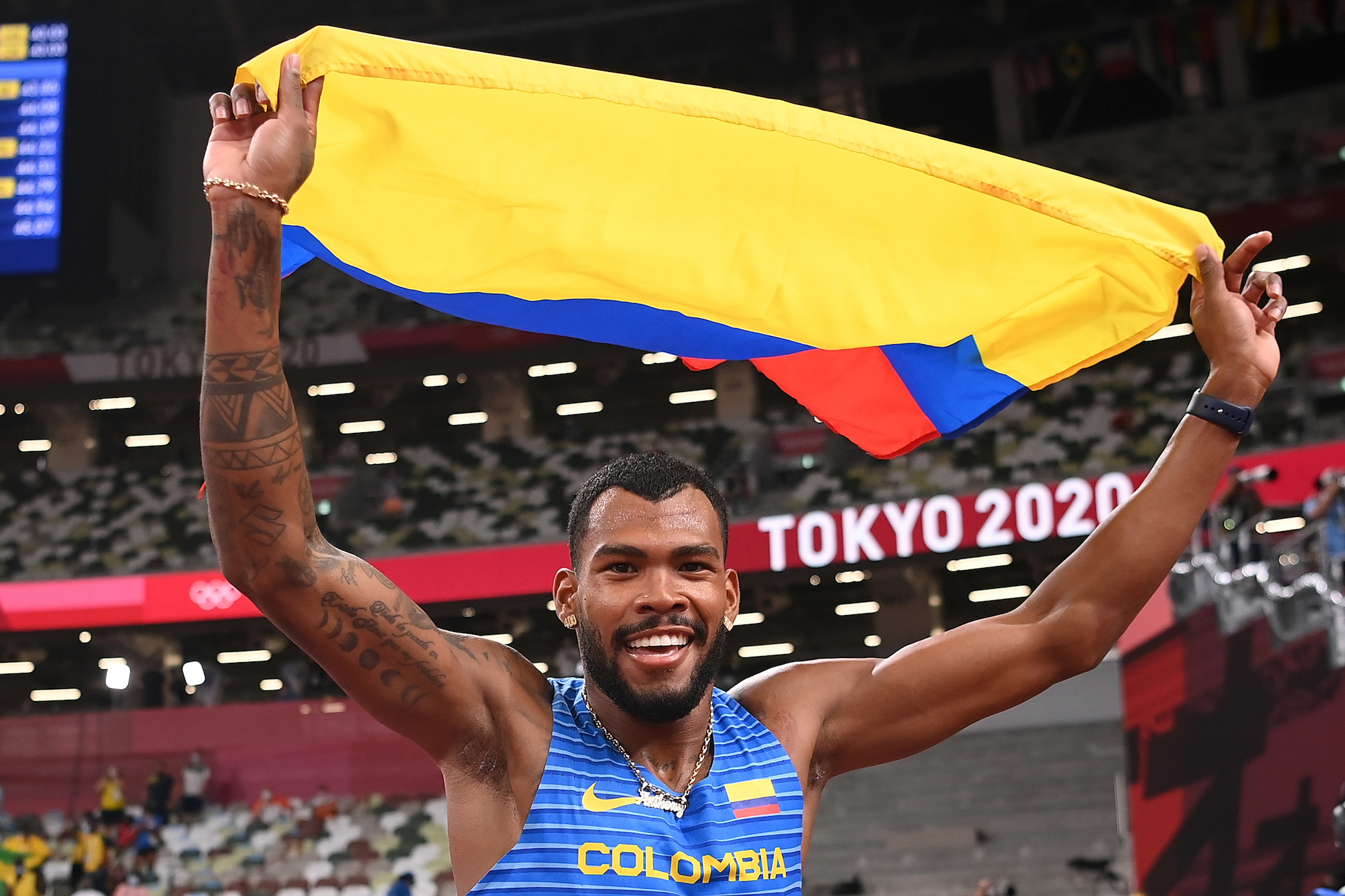 Anthony Jose Zambrano of Team Colombia reacts after winning the silver medal in the Men's 400m Final on day thirteen of the Tokyo 2020 Olympic Games at Olympic Stadium on August 05, 2021 in Tokyo, Japan. Photo: Matthias Hangst/Getty Images.