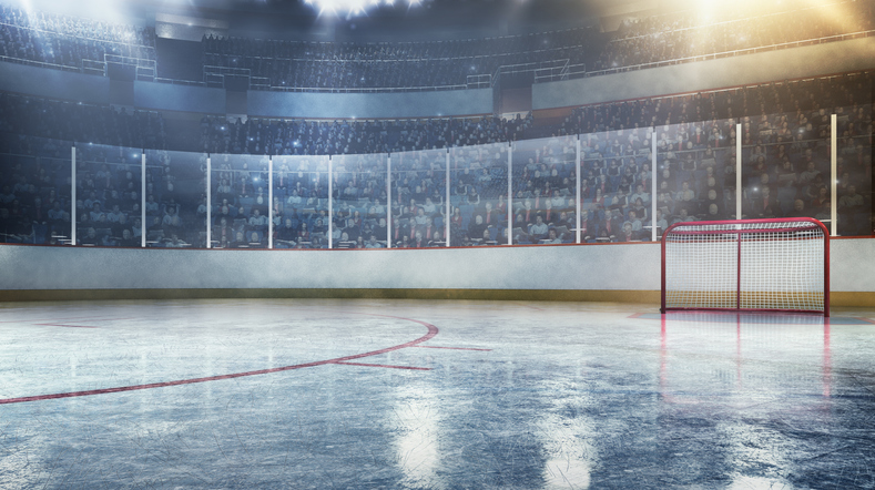 3D professional hockey stadium arena in indoors stadium full of spectators. Photo Courtesy of Getty Images. 