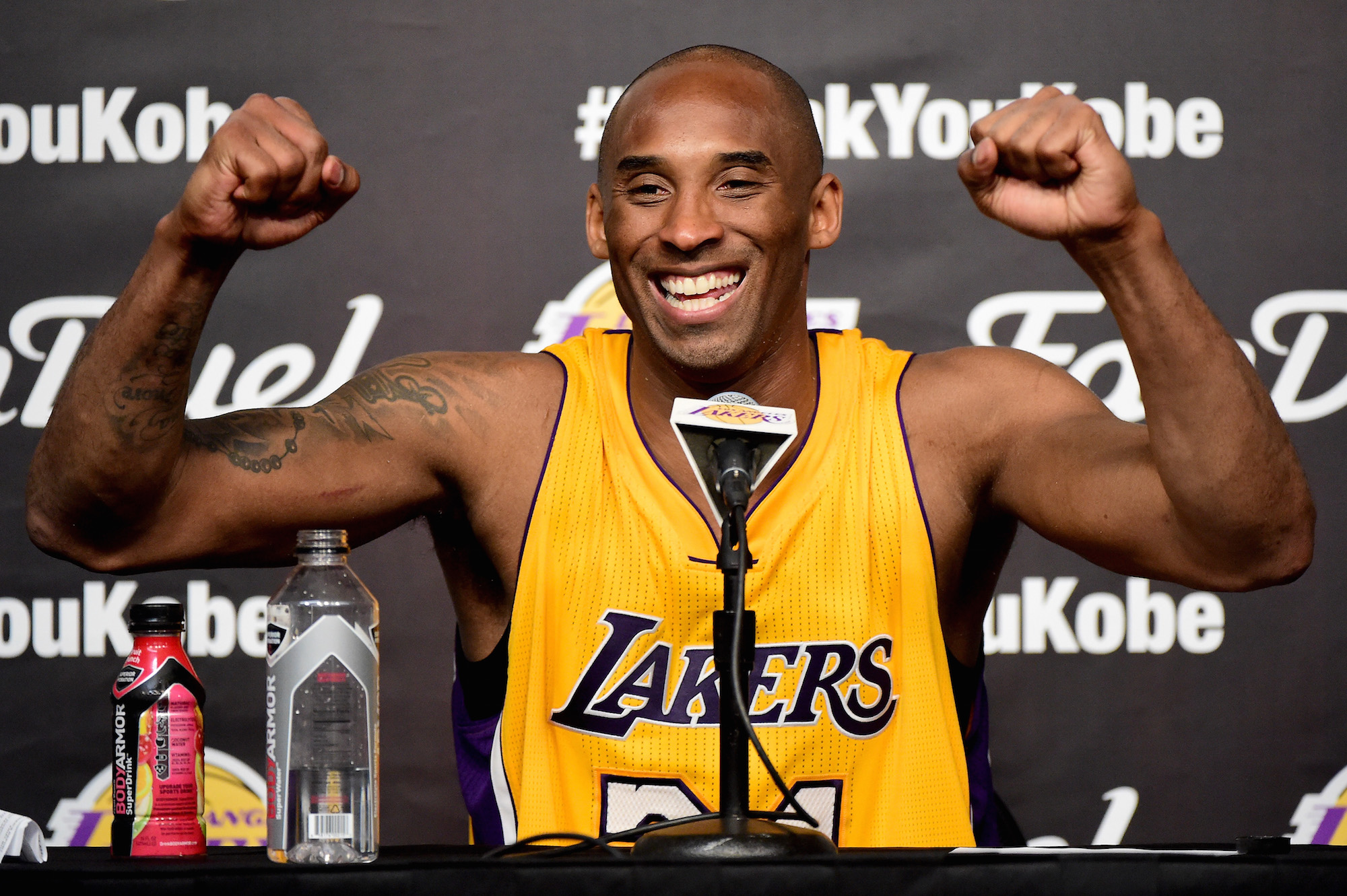 Kobe Bryant #24 of the Los Angeles Lakers smiles during the post game news conference after scoring 60 points in the final game of his NBA career at Staples Center on April 13, 2016 in Los Angeles, California. Photo: Harry How/Getty Images.