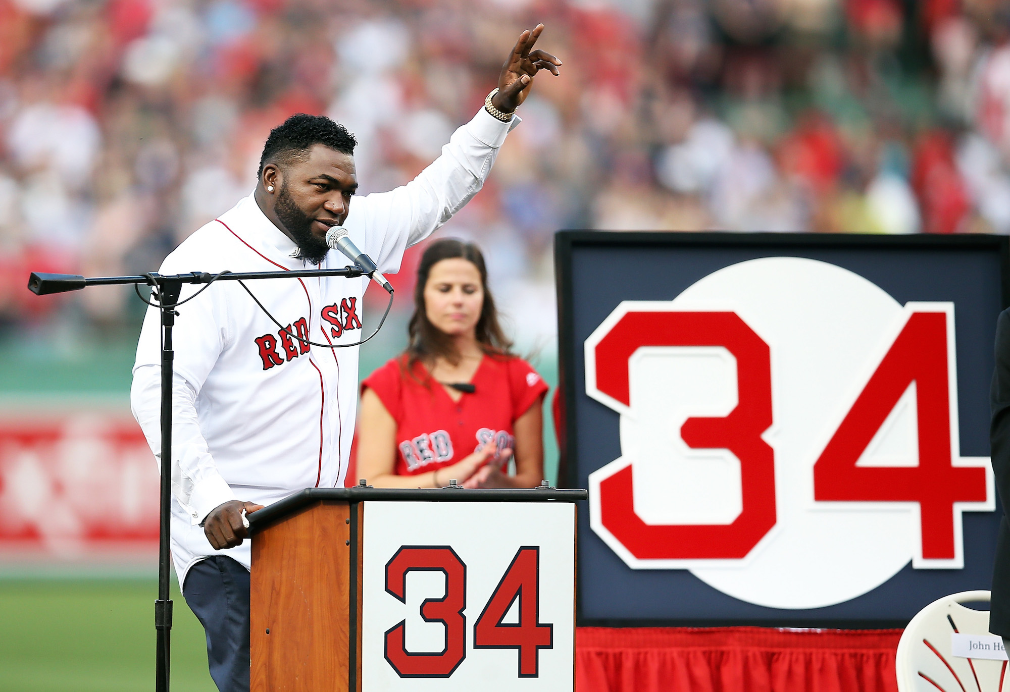 Former Boston Red Sox player David Ortiz #34 speaks during his jersey retirement ceremony before a game against the Los Angeles Angels of Anaheim at Fenway Park on June 23, 2017 in Boston, Massachusetts. Photo: Adam Glanzman/Getty Images. 