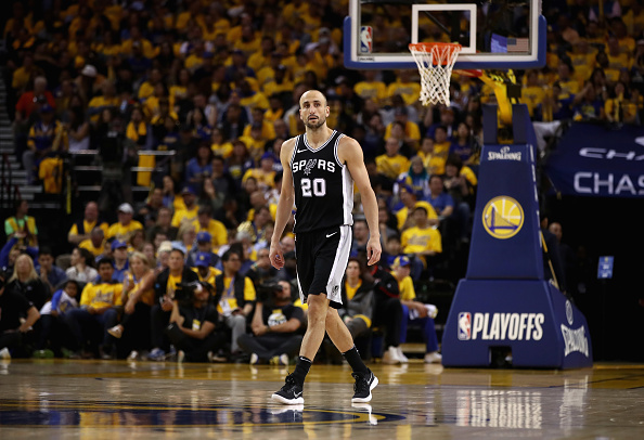 Manu Ginobili against the Golden State Warriors during Game Five of Round One of the 2018 NBA Playoffs at ORACLE Arena on April 24, 2018 in Oakland, California, the final game of his NBA career. (Photo by Ezra Shaw/Getty Images)