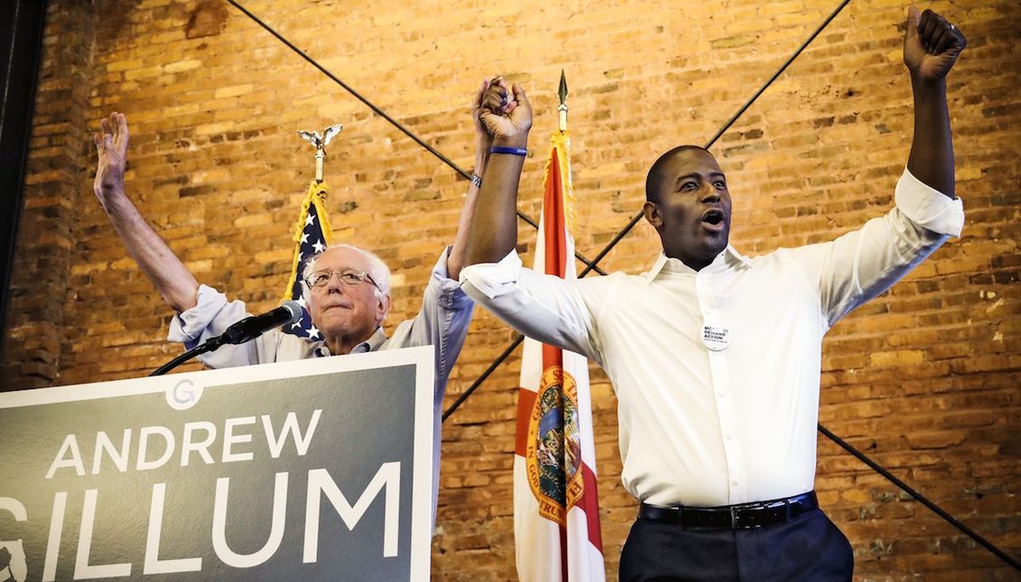 Sen. Bernie Sanders and Democratic gubernatorial hopeful Andrew Gillum during a campaign rally in Tampa, Florida, on August 17, 2018. Chris O’Meara/AP