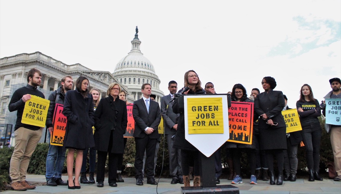 Elected Representative Alexandria Ocasio-Cortez and eight other members of Congress held a press conference on Capitol Hill with members of the Sunrise Movement led by young people calling on the new Congress to endorse a Select Committee for a Green New Deal. The new members announced their support, including representatives Jackie Speier (CA), Tulsi Gabbard (HI) and Mike Levin (CA), bringing the total number of representatives supporting the resolution to 18. Source: Sunrise Movement.