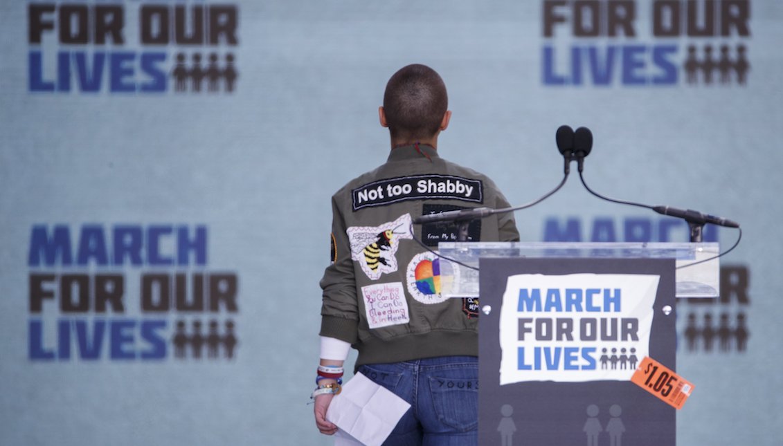 Emma Gonzalez, a survivor of the school shooting at Marjory Stoneman Douglas High School, concludes her remarks during the March For Our Lives in Washington, DC, USA, 24 March 2018. March For Our Lives student activists demand that their lives and safety become a priority, and an end to gun violence and mass shootings in our schools. EFE/EPA/SHAWN THEW