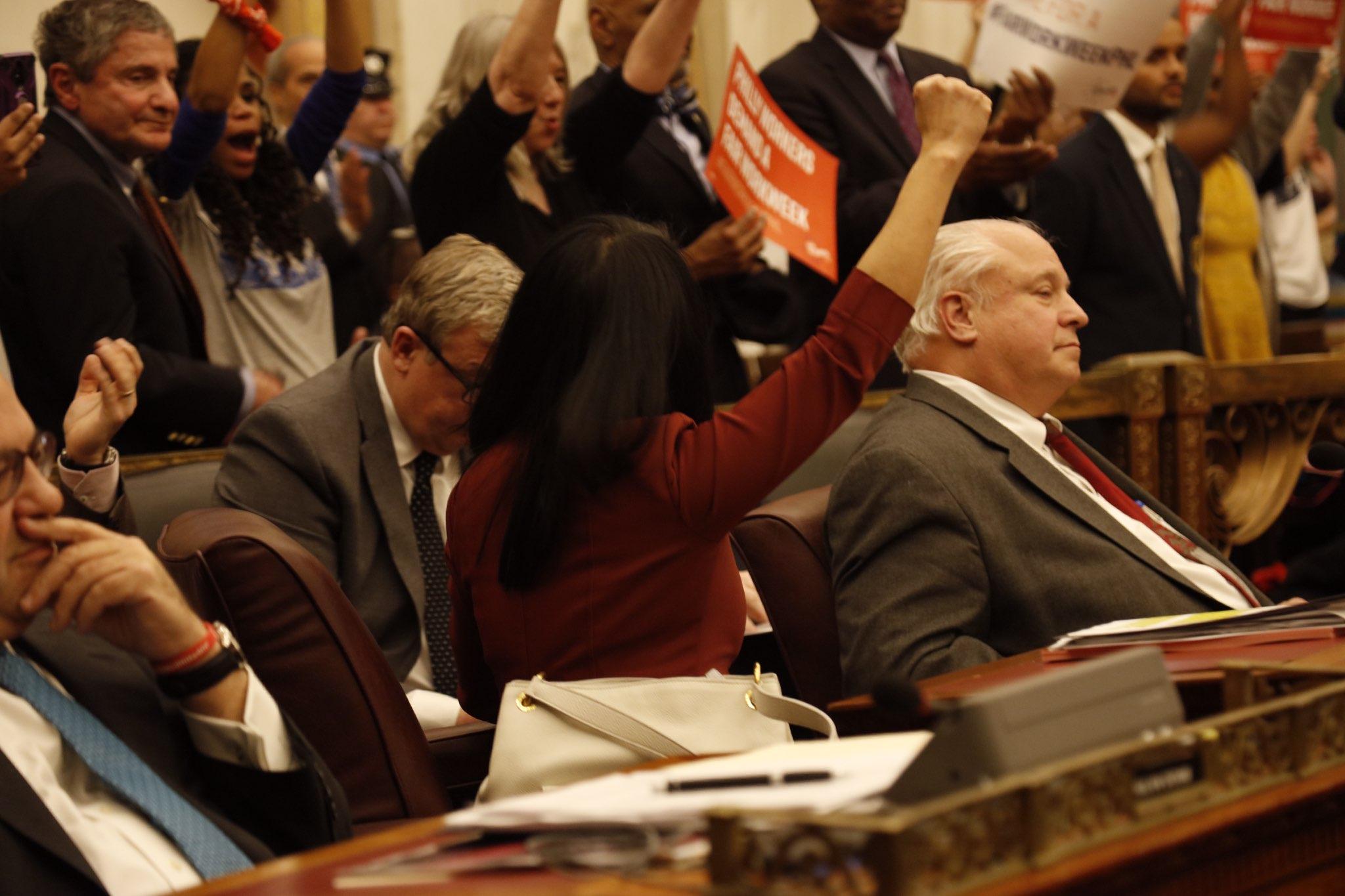 City Councilwoman Helen Gym celebrates passage of the Fair Workweek bill in early December. Photo: Sahar Coston-Hardy.