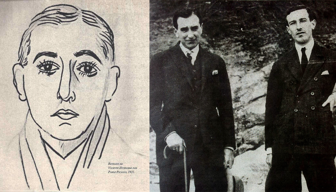 (Izq) Vicente Huidobro retratado por Picasso. (Dcha) Vicente Huidobro y el poeta español Gerardo Diego en 1922. 