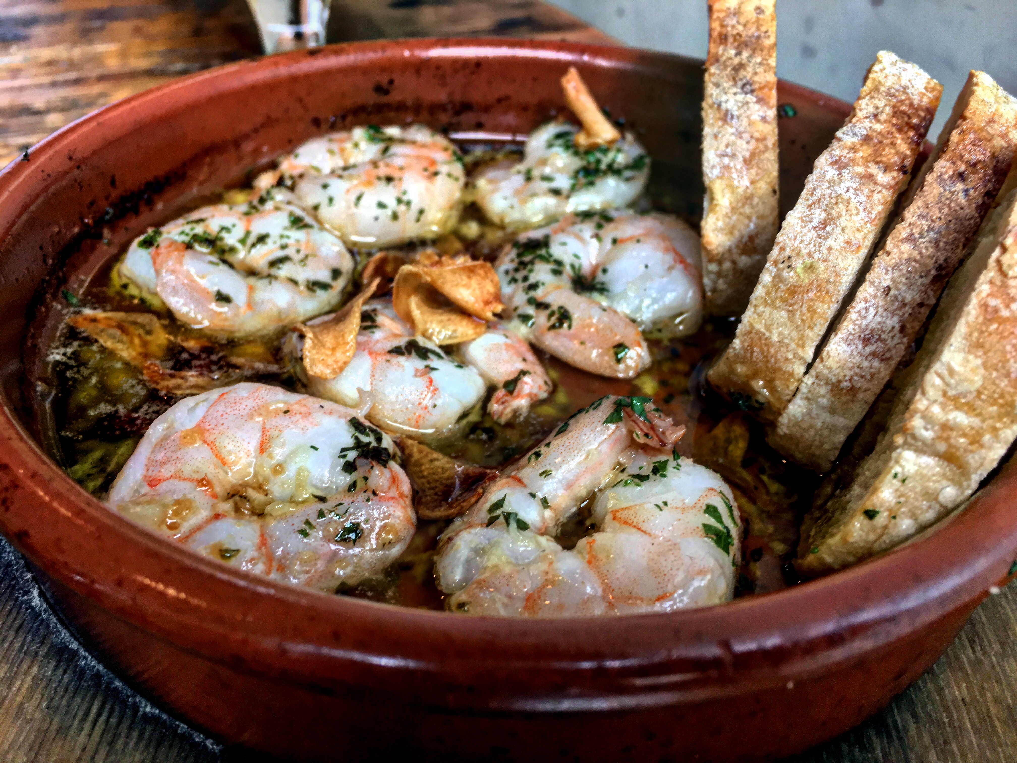 Gambas al ajillo, served at Amada. Image taken by Mónica Marie Zorrilla. 