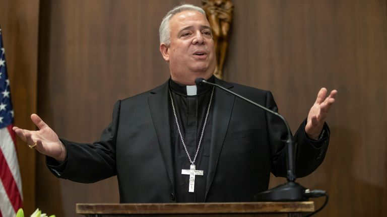 Philadelphia Archbishop-elect Nelson Perez addresses those assembled at the archdiocese's offices after his introduction by Archbishop Charles J. Chaput as the 14th bishop and 10th archbishop of Philadelphia on Thursday. Credit: AP / The Philadelphia Inquirer / Michael Bryant